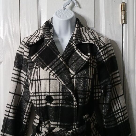 Jou Jou  black white plaid stylish wool blend pea coat  Sz S EUC - Picture 3 of 7